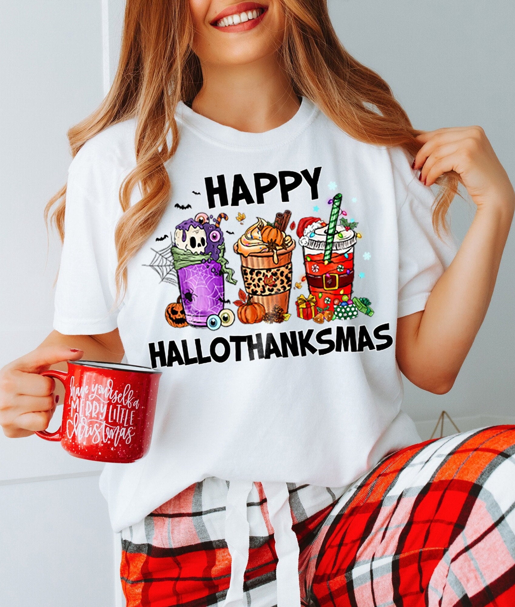 Happy Hallothanksmas T-Shirt, Halloween Thanksgiving Christmas Holiday Season Shirt, Funny Fall Graphic Tee, Autumn Coffee Gift Top