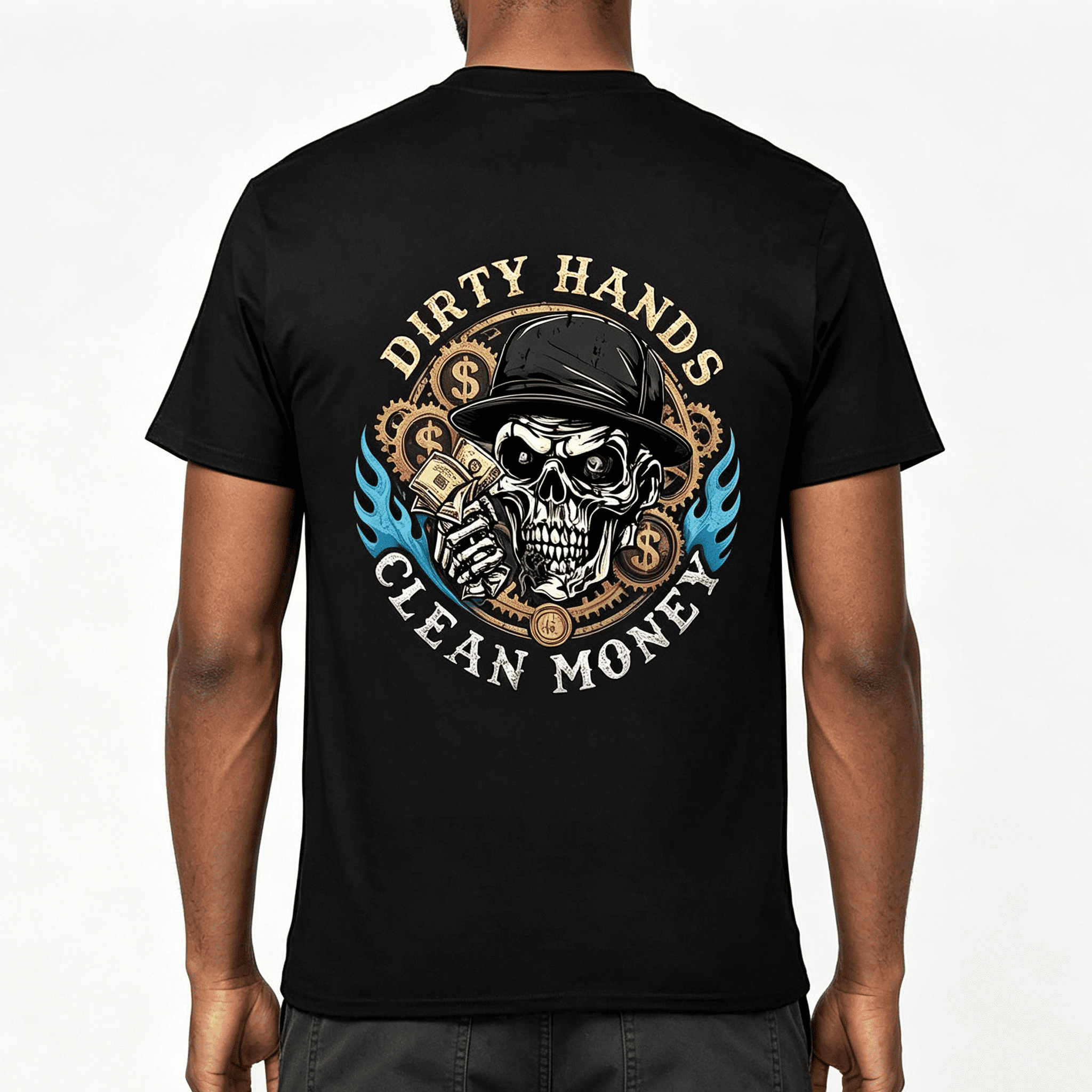 “Hard Work Earns Clean Cash” Skull Money T-Shirt – Blue Collar Back Print Tee for Men, 100% Cotton Short Sleeve