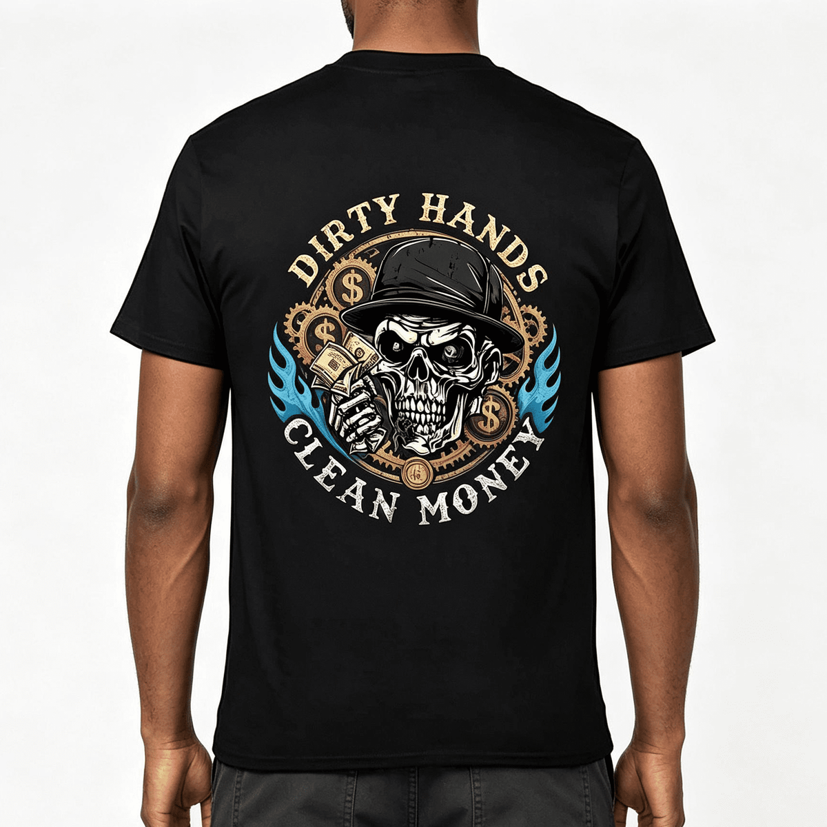 “Hard Work Earns Clean Cash” Skull Money T-Shirt – Blue Collar Back Print Tee for Men, 100% Cotton Short Sleeve