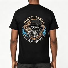 “Hard Work Earns Clean Cash” Skull Money T-Shirt – Blue Collar Back Print Tee for Men, 100% Cotton Short Sleeve