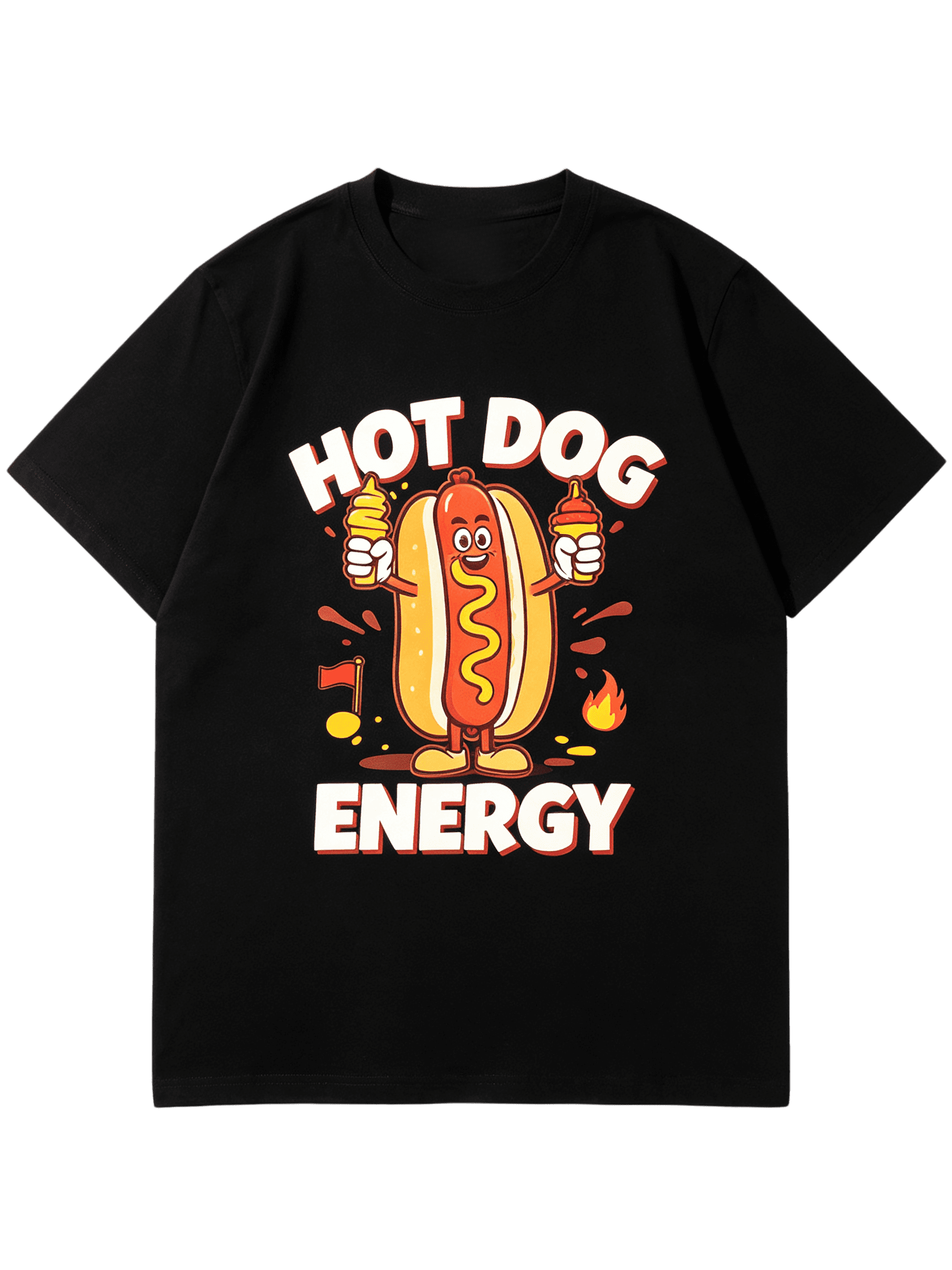 Hot Dog Energy Funny Cartoon Hot Dog With Mustard Ketchup Graphic T-Shirt Food Pun Humor Hotdog Lover Short Sleeve Tee