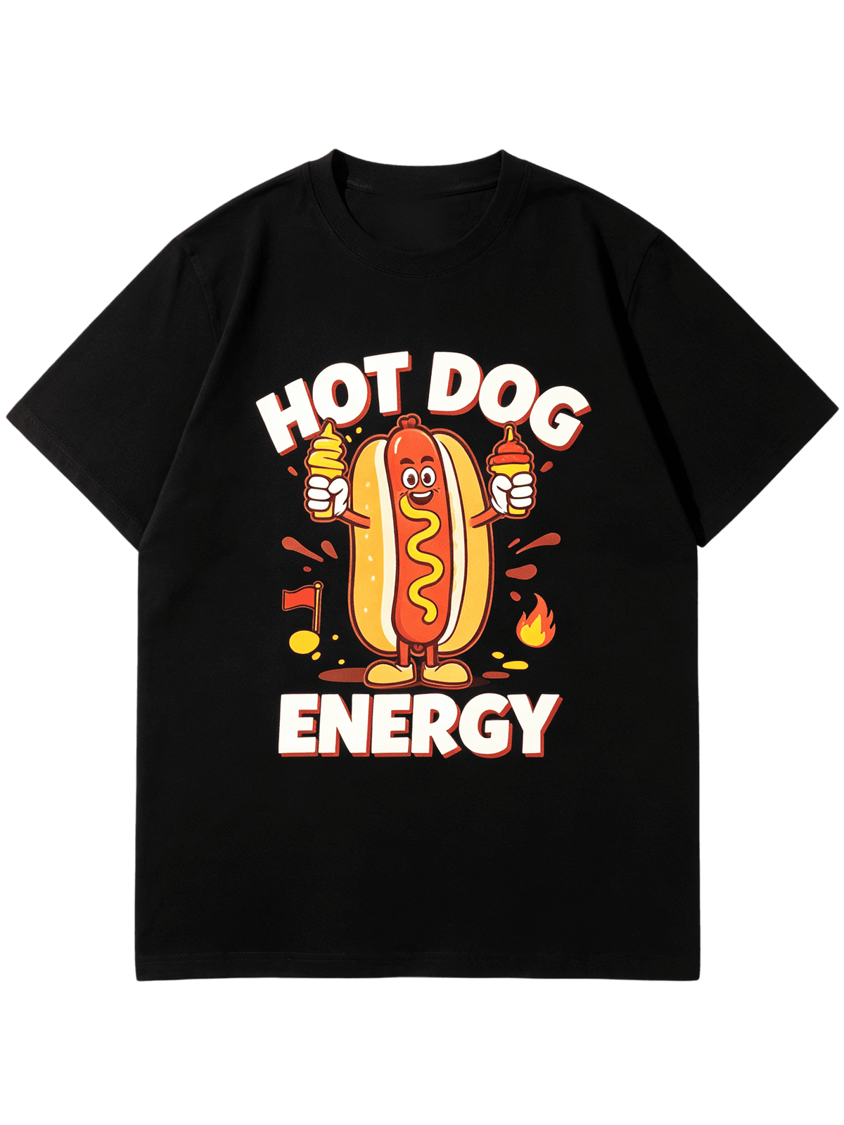 Hot Dog Energy Funny Cartoon Hot Dog With Mustard Ketchup Graphic T-Shirt Food Pun Humor Hotdog Lover Short Sleeve Tee