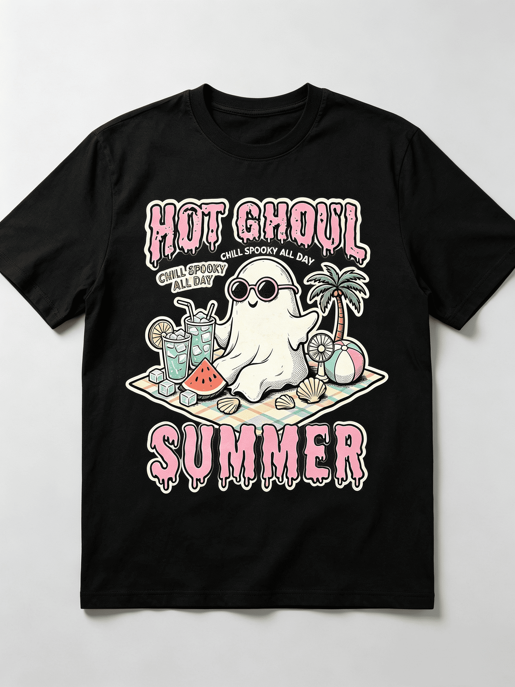 Hot Ghoul Summer Chill Spooky All Day Sunglass Ghost Beach Picnic Watermelon Palm Tree Graphic Unisex T-Shirt