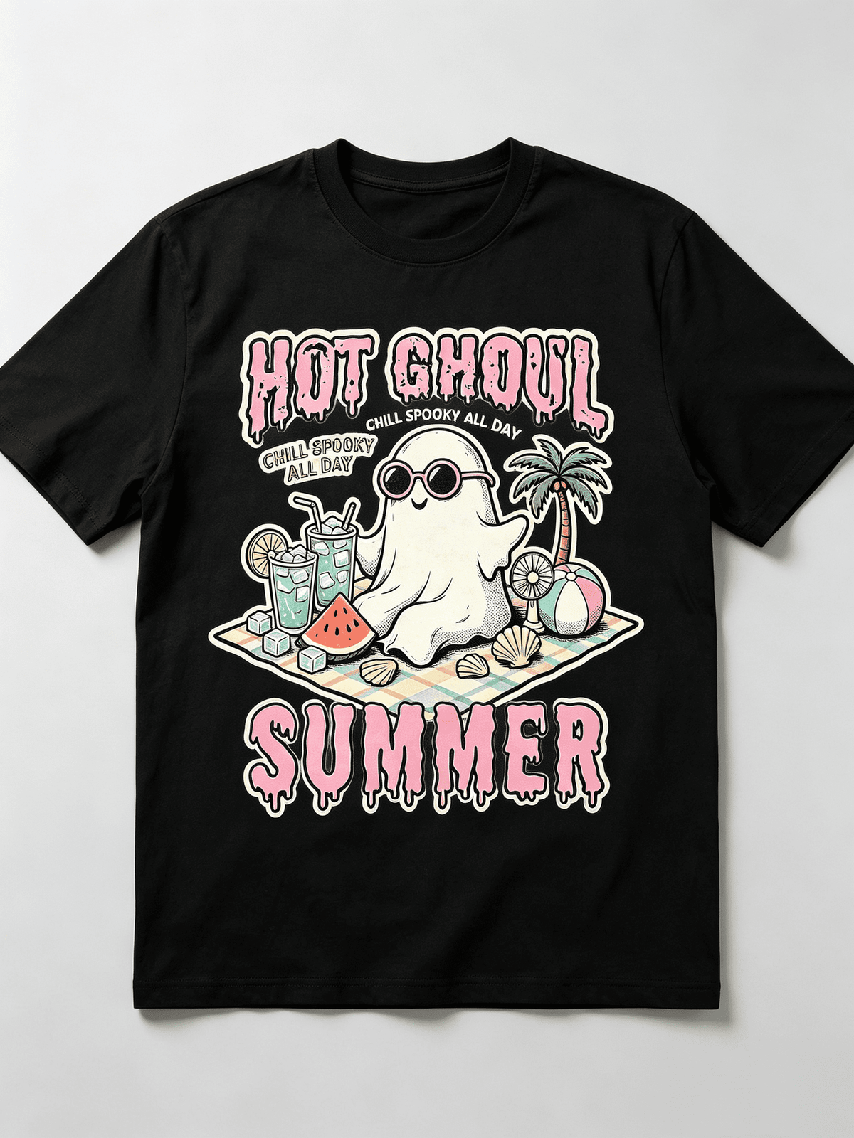Hot Ghoul Summer Chill Spooky All Day Sunglass Ghost Beach Picnic Watermelon Palm Tree Graphic Unisex T-Shirt