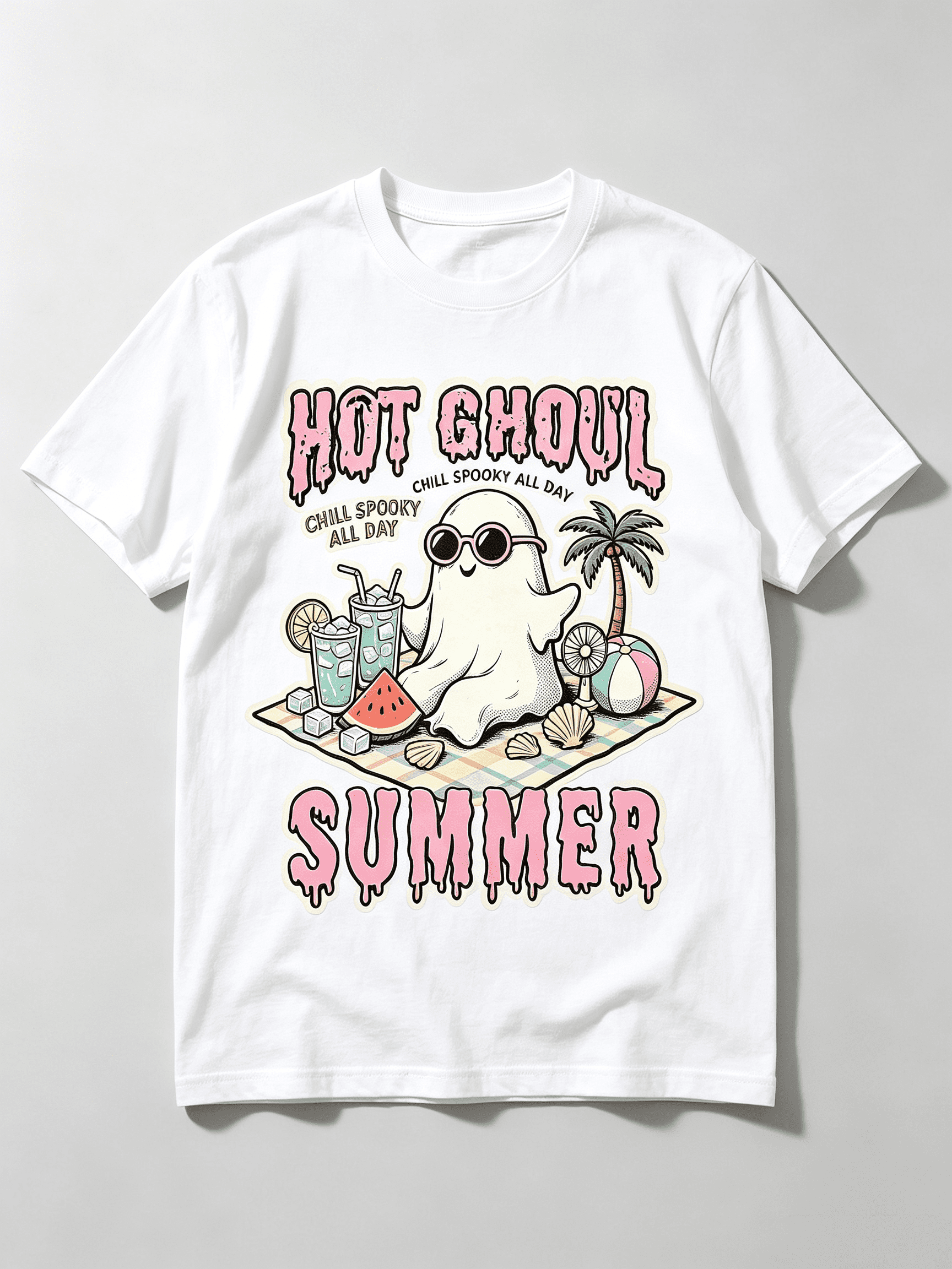 Hot Ghoul Summer Chill Spooky All Day Sunglass Ghost Beach Picnic Watermelon Palm Tree Graphic Unisex T-Shirt