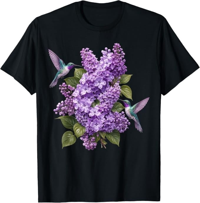Hummingbird Lilac Floral Purple Flowers Botanical Garden T-Shirt