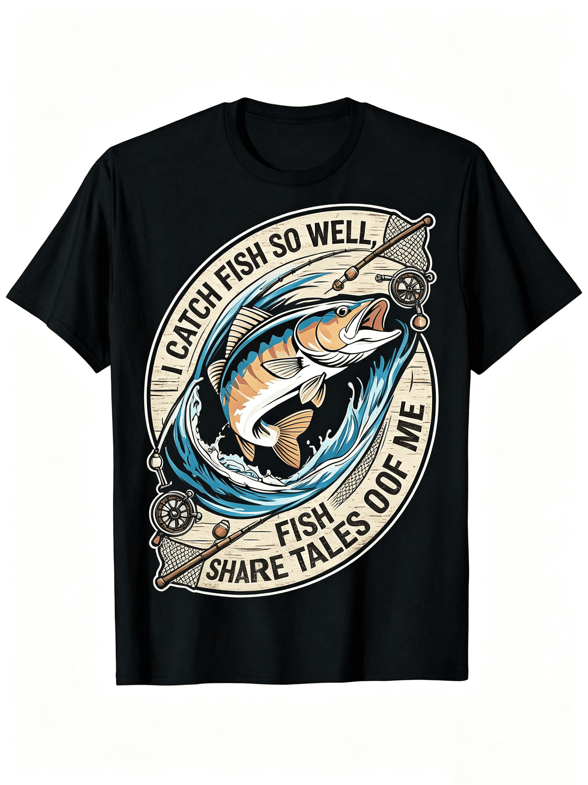 I Catch Fish So Well Fish Share Tales Oof Me Vintage Jumping Bass Fishing Rod Net Wave Graphic Men T-Shirt