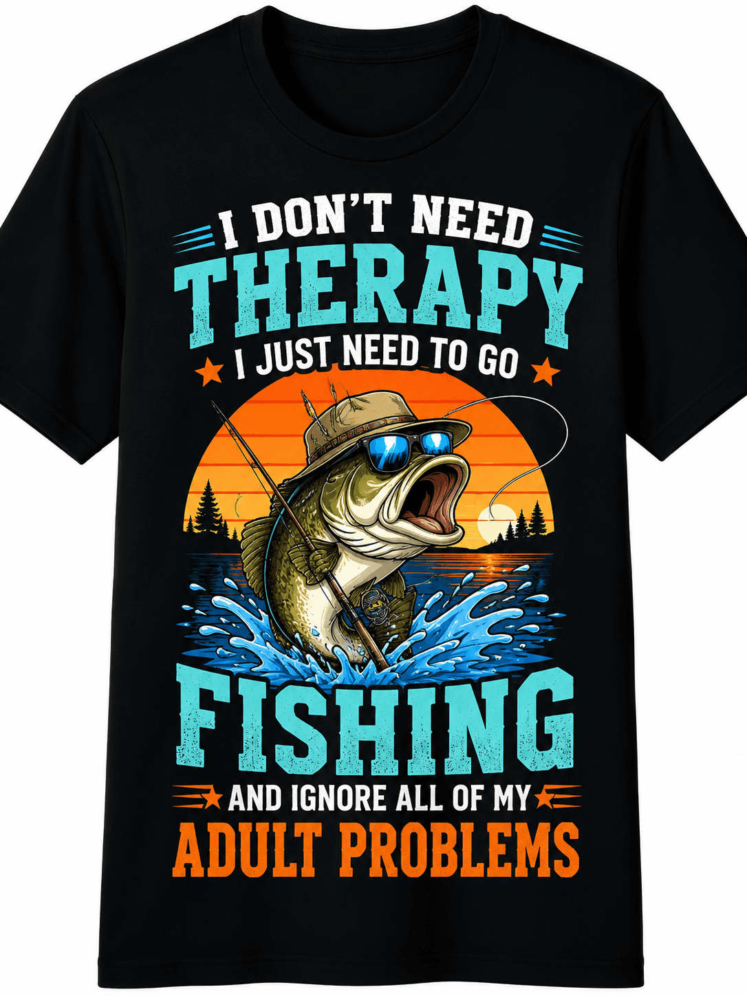 I Don't Need Therapy I Just Need To Go Fishing Retro Sunset Bass Fisherman Graphic T-Shirt, Funny Angler Gift Soft Sweat-Wicking Cotton Crew Neck Tee For Summer Outdoor Fishing Camping Daily Wear