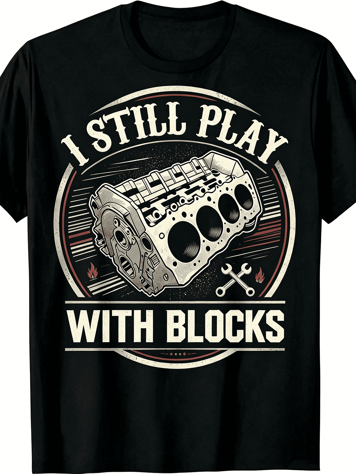 “I Still Play With Blocks” Engine Block T-Shirt – Retro Vintage Mechanic Tee for Car Guys, Funny Auto Lover Gift