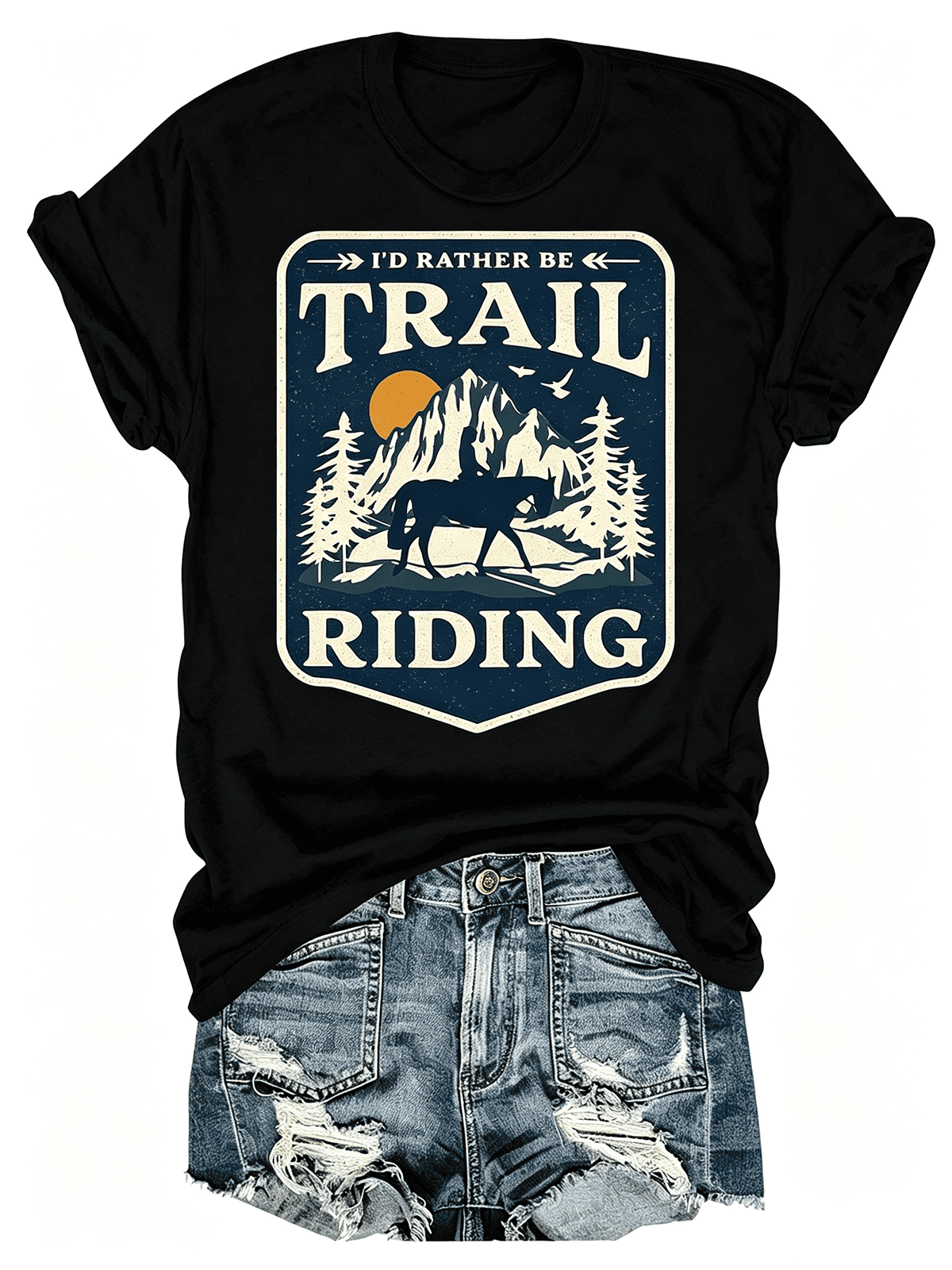 I'd Rather Be Trail Riding Retro Mountain Pine Tree Horse Rider Graphic T-Shirt, Western Cowboy Equestrian Horse Lover Casual Outdoor Tee