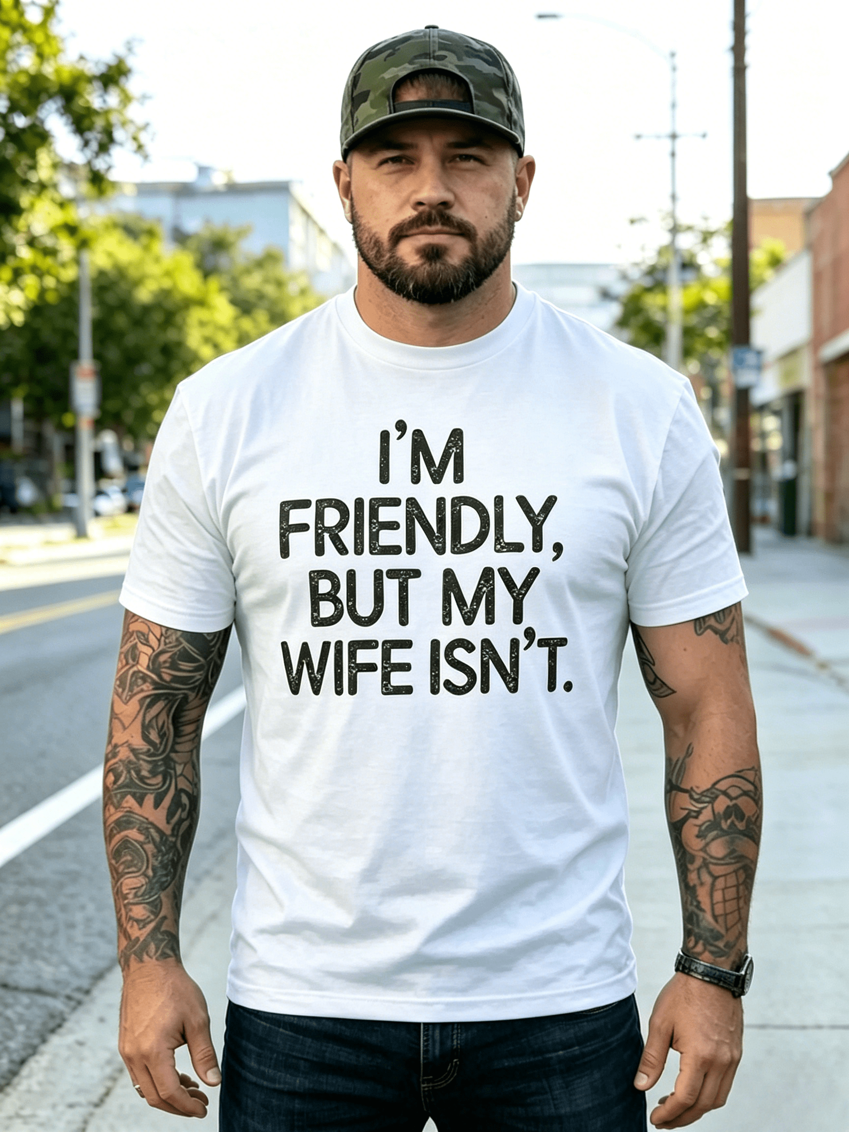 I'm Friendly But My Wife Isn't Funny.  Men's Casual Street T-Shirt, Comfortable Loose Men's Top, Casual Streetwear, Autumn Outfit.