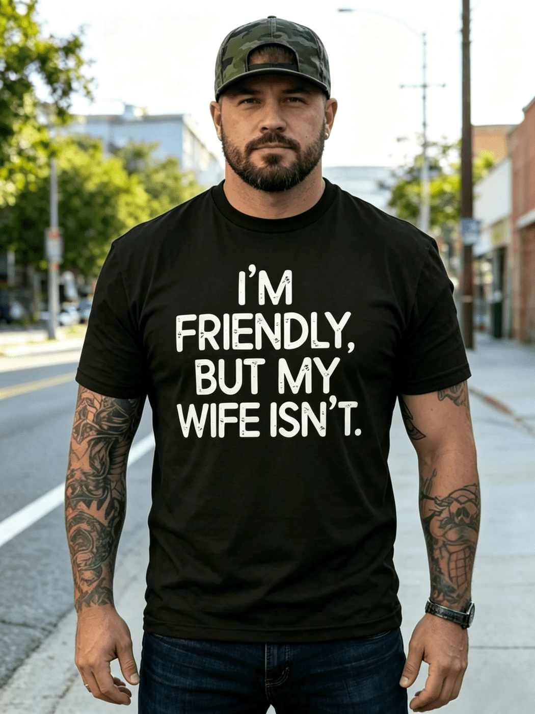 I'm Friendly But My Wife Isn't Funny.  Men's Casual Street T-Shirt, Comfortable Loose Men's Top, Casual Streetwear, Autumn Outfit.