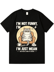 I'm Not Funny I'm Just Mean Grumpy Lazy Cat Graphic T-Shirt, Snarky Sarcastic Quote Cartoon Couch Cat Coffee Remote Pet Humor Short Sleeve Tee