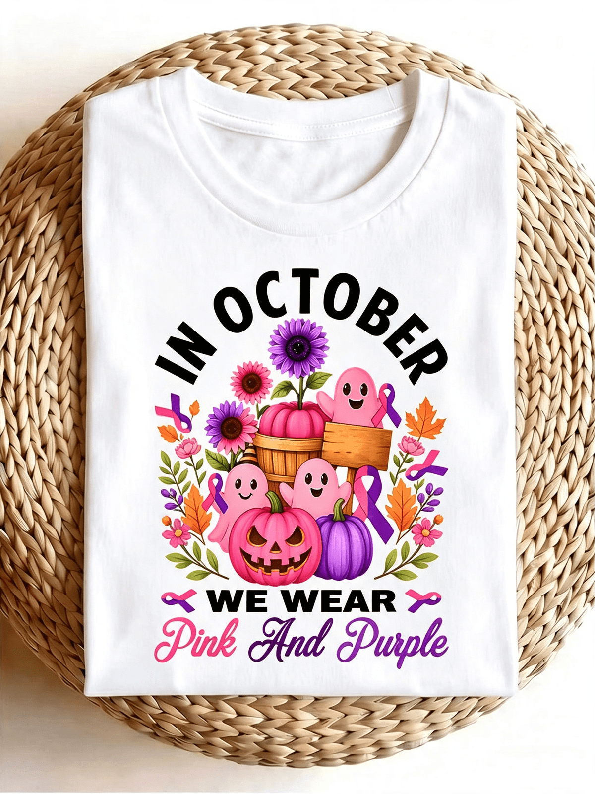 In October We Wear Pink And Purple Pumpkin Ghost Floral Graphic T‑Shirt, Fall Halloween Casual Short Sleeve Tee
