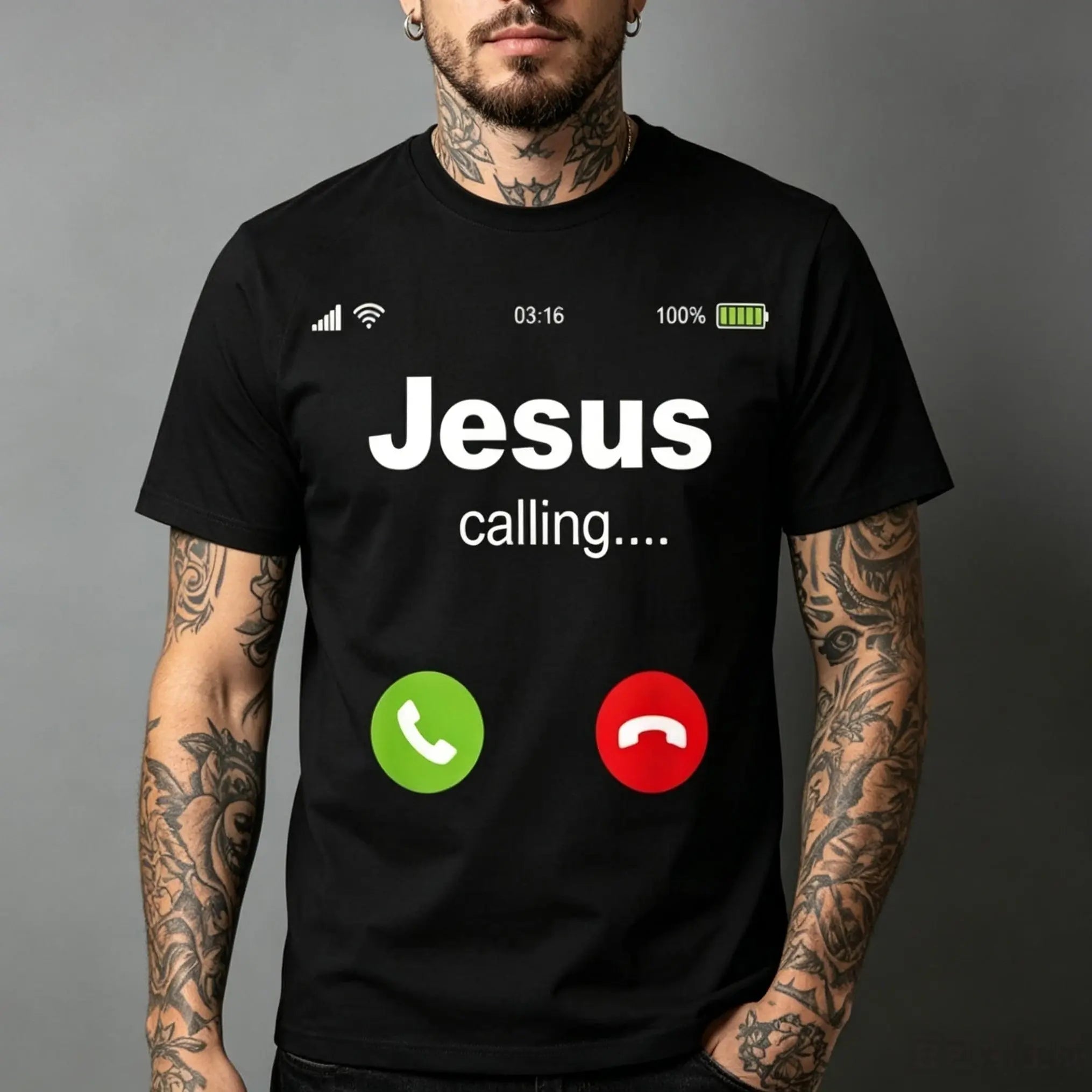 Jesus Calling Funny Phone Screen Graphic T‑Shirt | Christian Humor Faith Tee for Men & Women