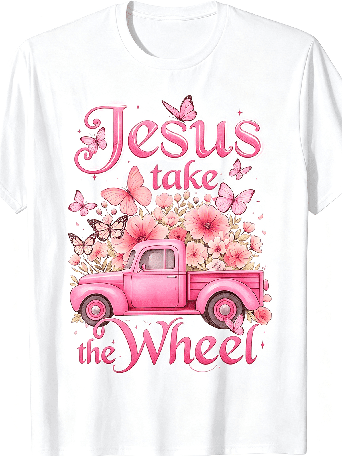 Jesus Take The Wheel Vintage Pink Truck Floral Butterfly Christian T-Shirt, Religious Inspirational Country Style Graphic Women Casual Top