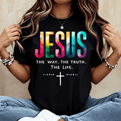 Jesus The Way The Truth The Life Cross Print T Shirt White Casual Loose Fit For Everyday Wear And Outdoor Activities
