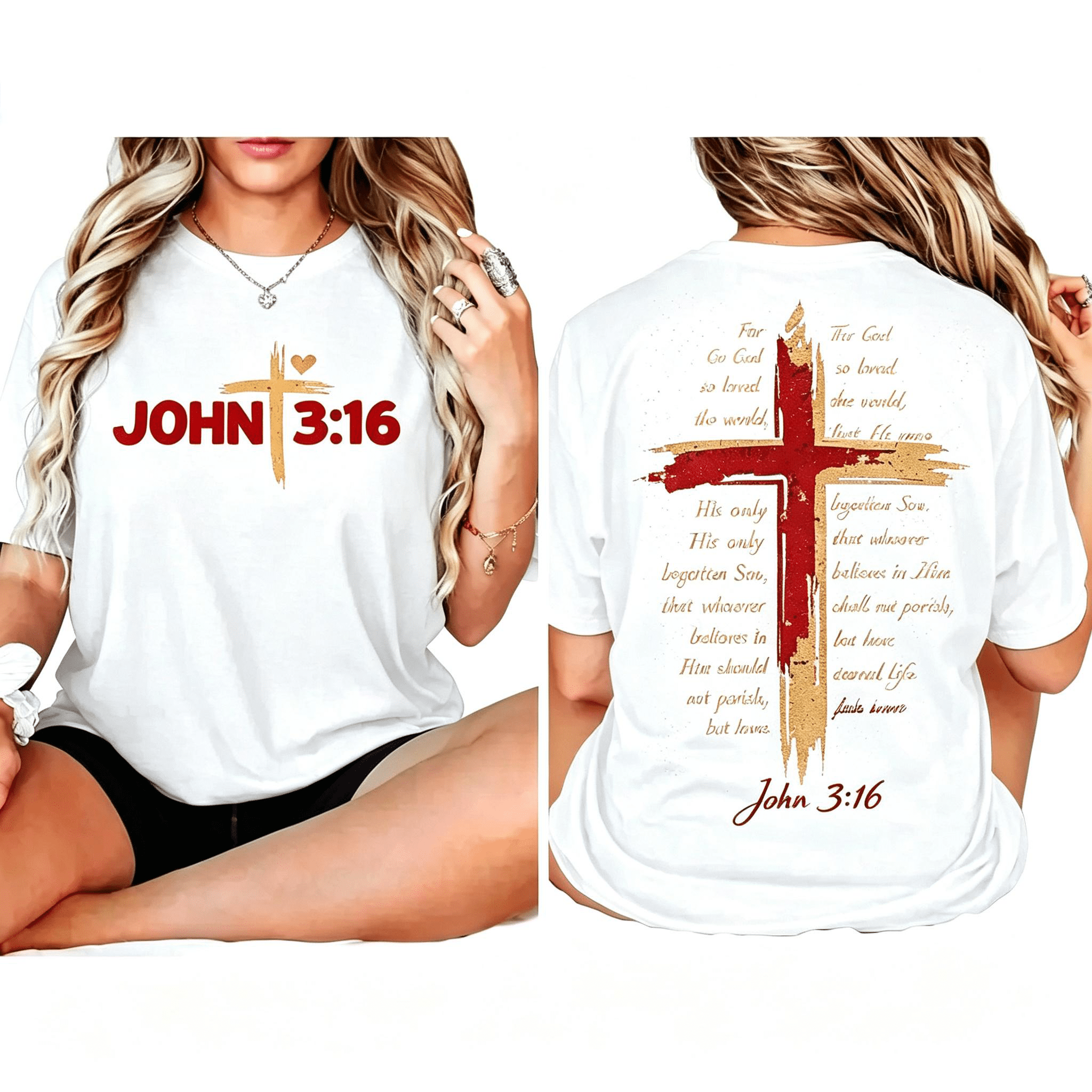 “John 3:16” Double Sided Cross T-Shirt – Christian Bible Verse Graphic Tee, Religious Faith Gift for Men Women