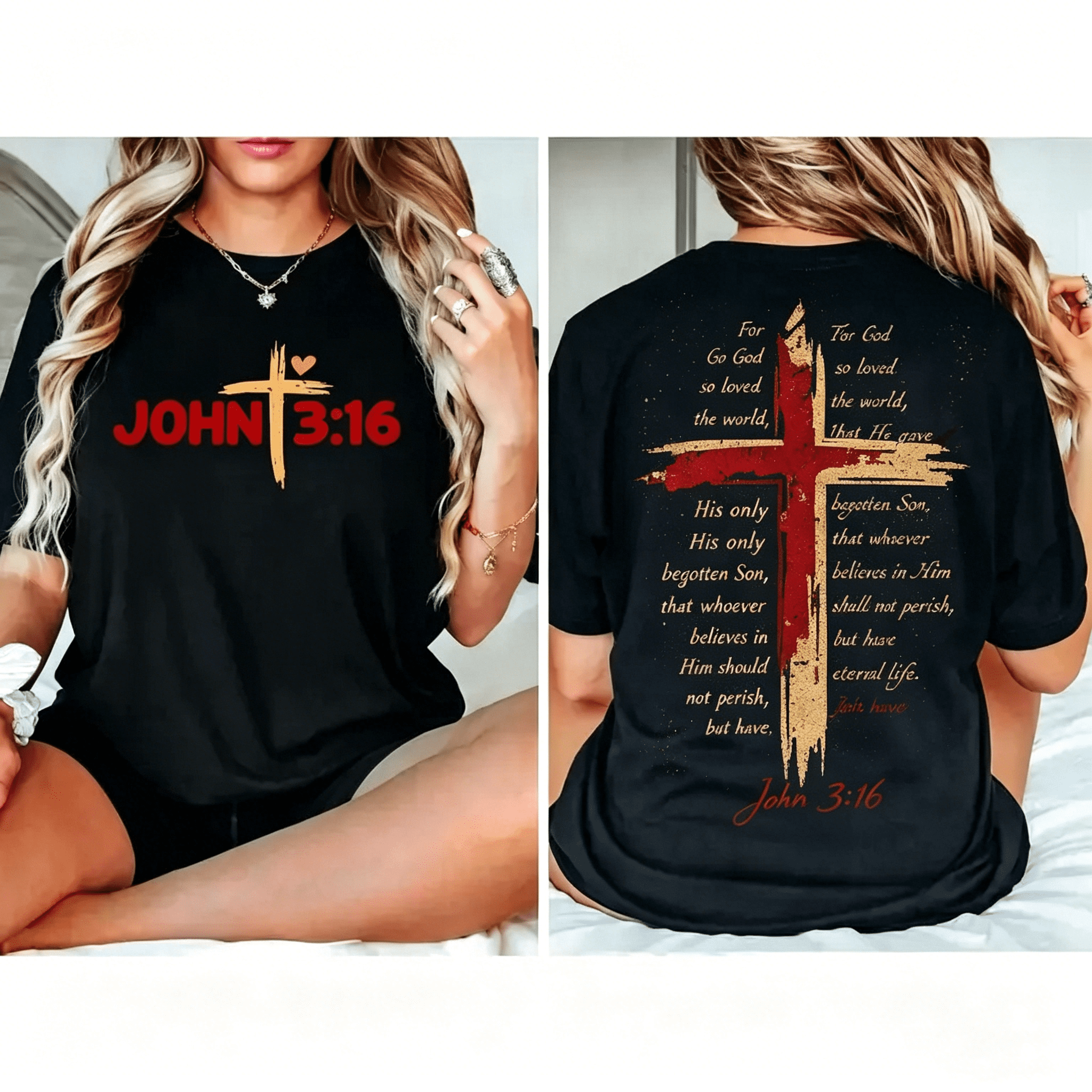 “John 3:16” Double Sided Cross T-Shirt – Christian Bible Verse Graphic Tee, Religious Faith Gift for Men Women