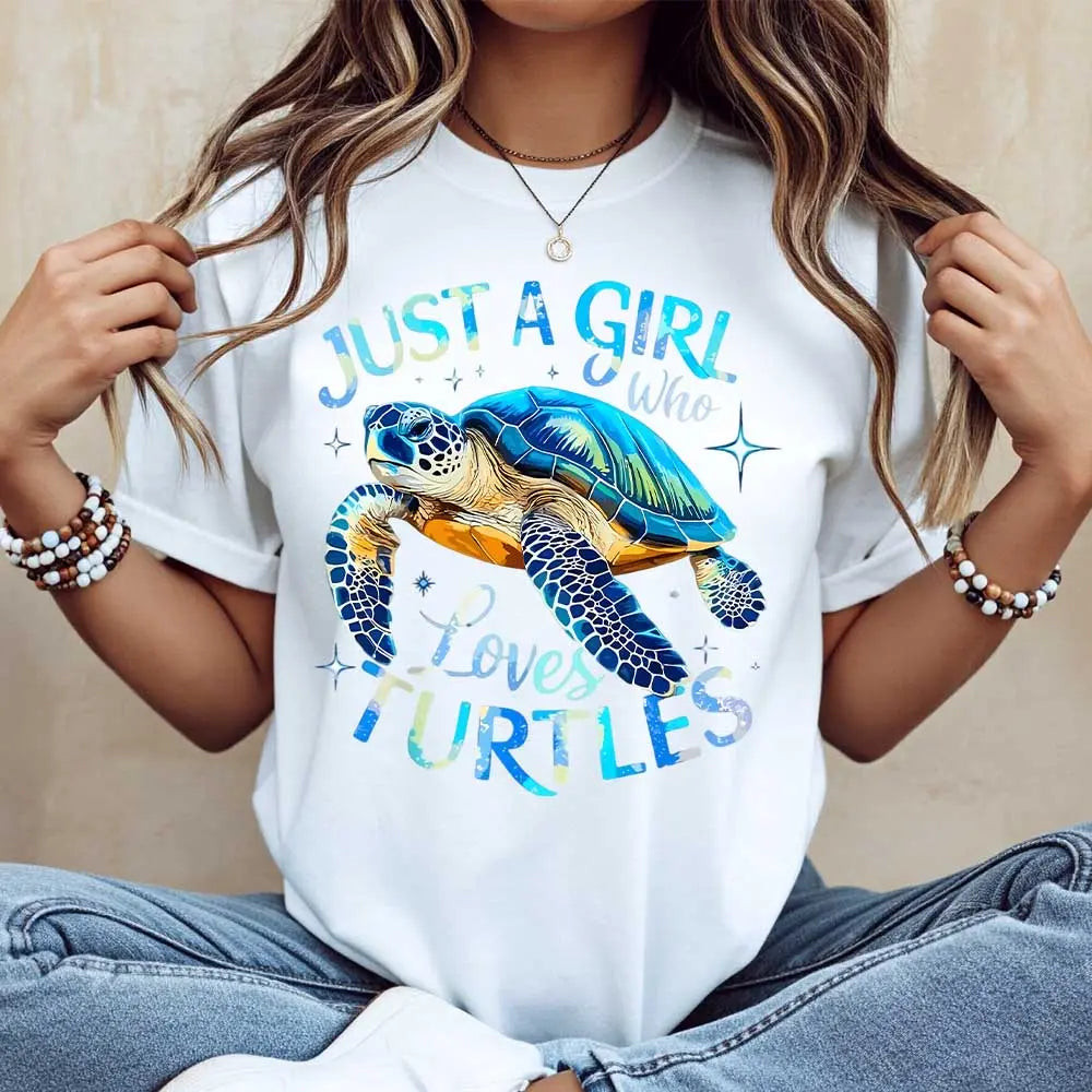 Just A Girl Who Loves Turtles Sea Turtle Print Tshirt Casual Short Sleeve Tee