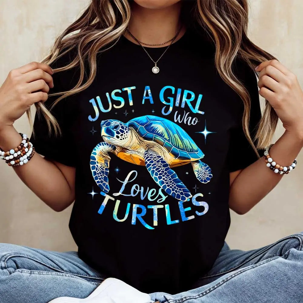 Just A Girl Who Loves Turtles Sea Turtle Print Tshirt Casual Short Sleeve Tee