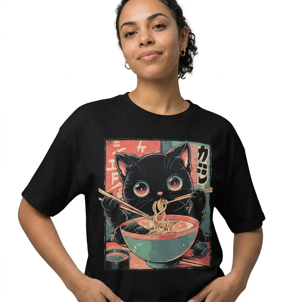 Kawaii Black Cat Eating Ramen Japanese Anime Graphic Crew Neck Casual Short Sleeve T-Shirt For Food Cat Lovers