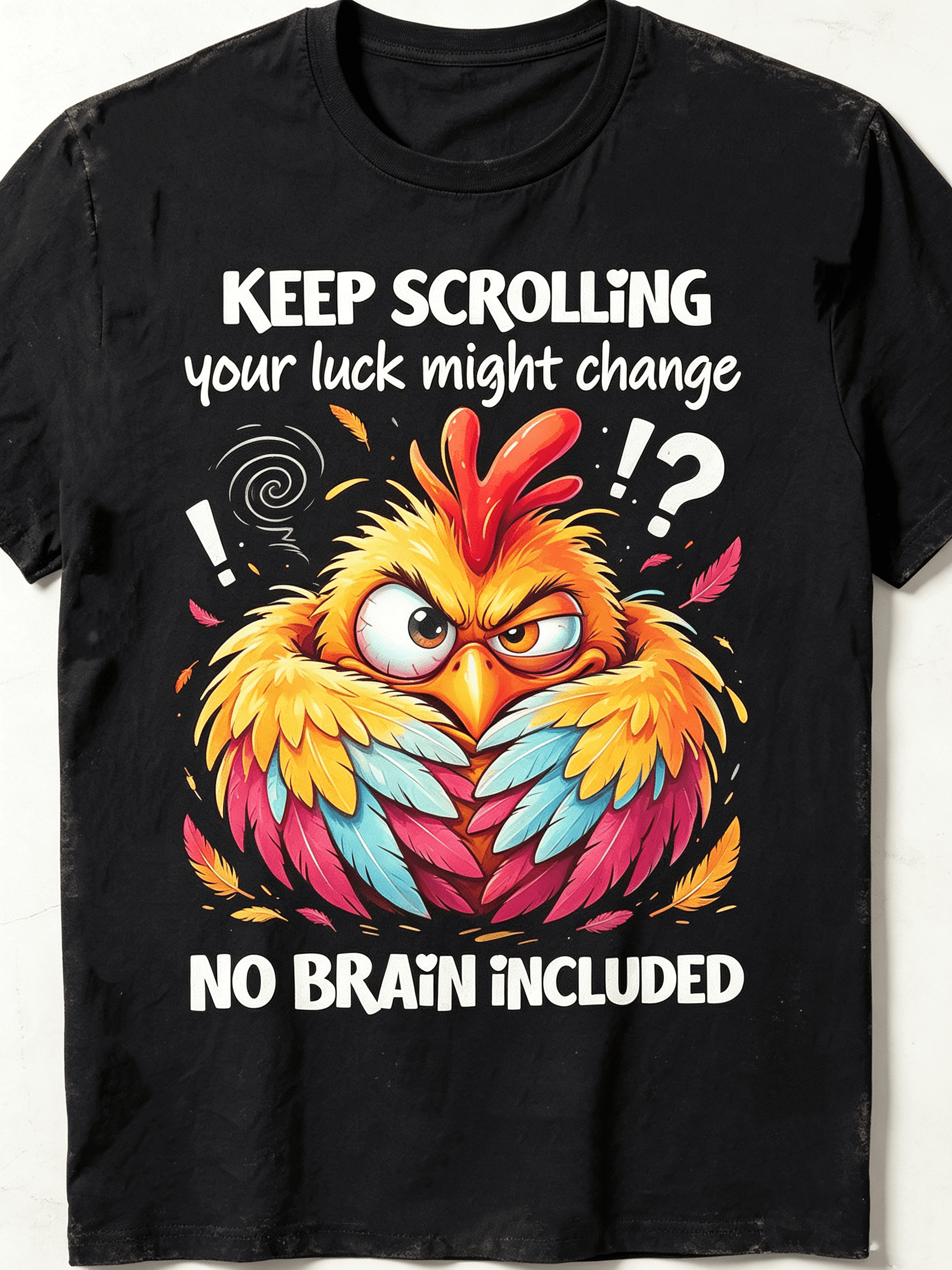 Keep Scrolling Your Luck Might Change No Brain Included Angry Colorful Chicken Graphic Unisex T-Shirt