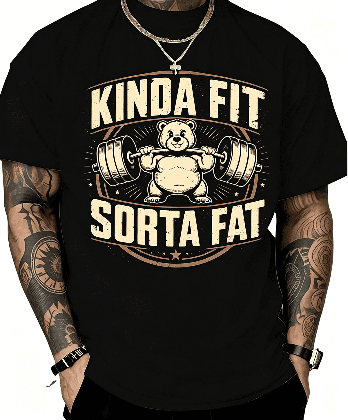 “Kinda Fit Sorta Fat” Funny Bear Weightlifting T-Shirt – Gym Workout Tee for Men, Casual Bodybuilding Graphic Top