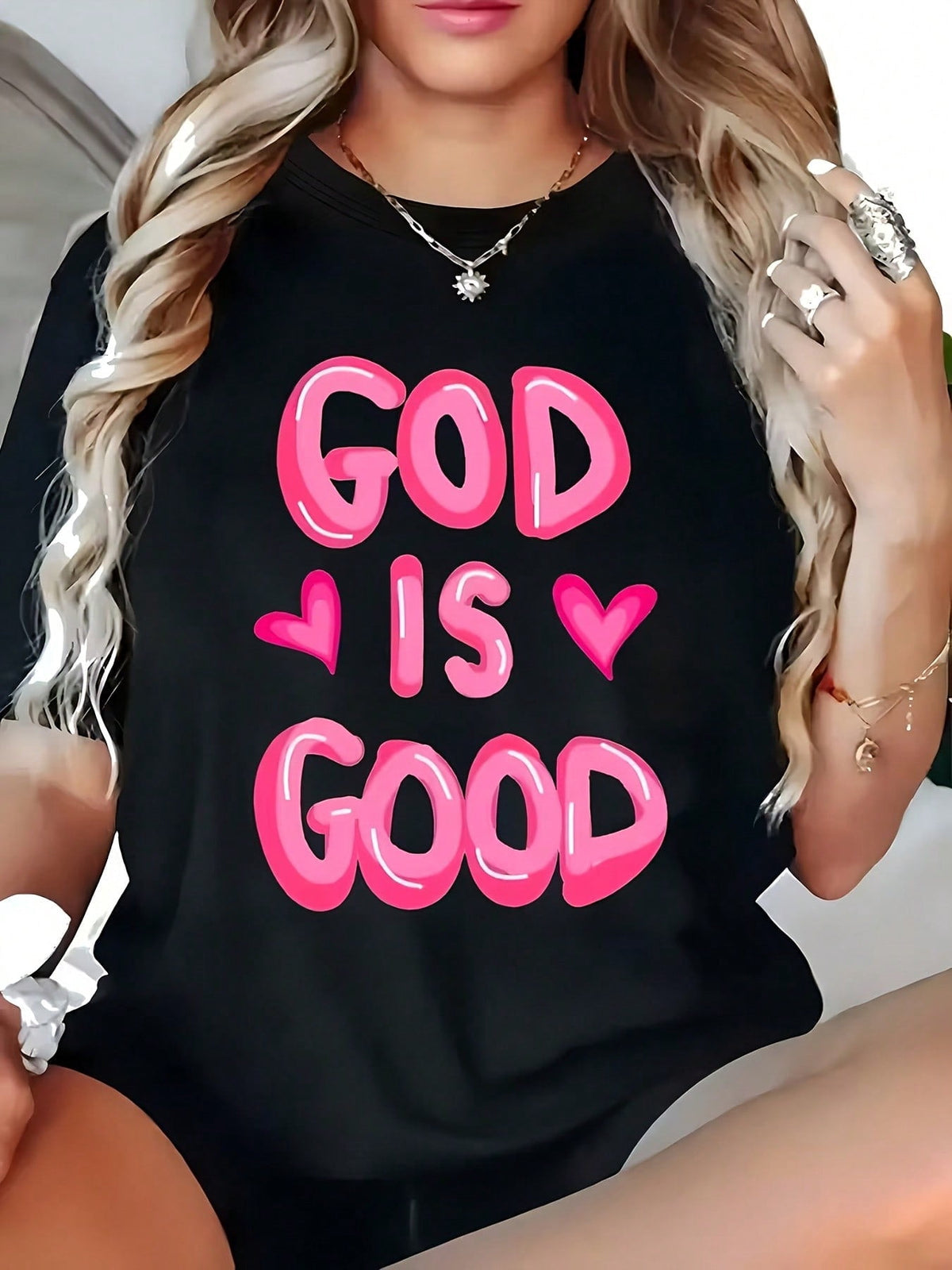 Ladies' Faith T-Shirt ,Soft Elastic Crew Neck With Bold "GOD IS GOOD" Pink And Purple Hearts