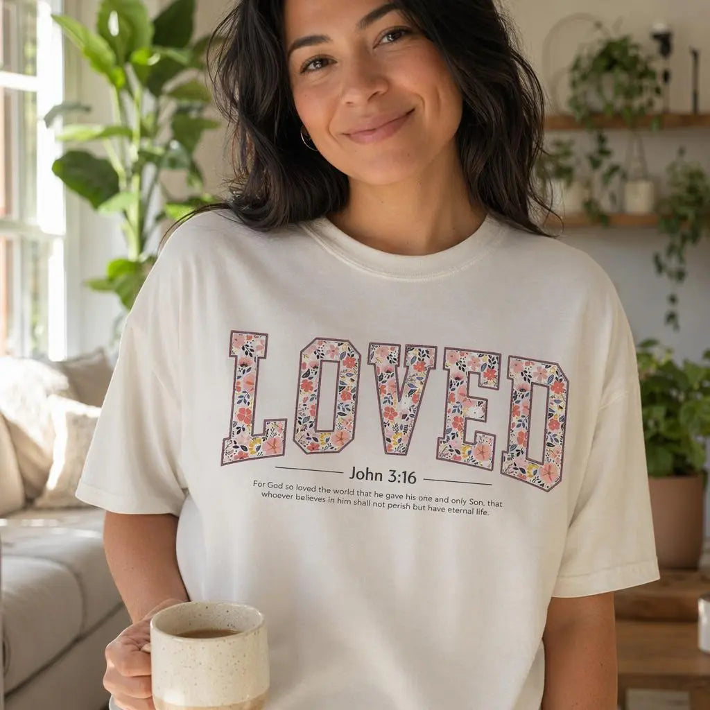 Loved John 3:16 Christian Graphic Tee Women Floral Bible Verse Shirt