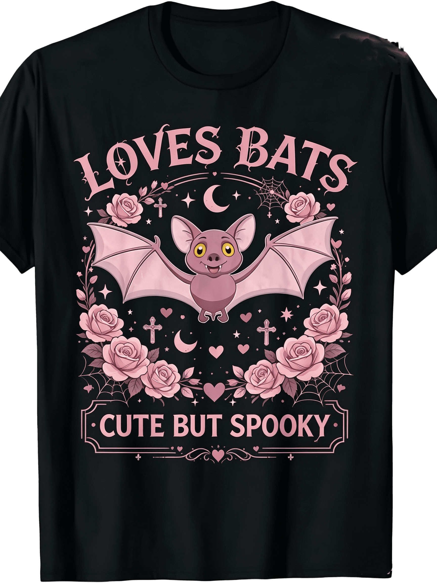 Loves Bats Cute But Spooky Pink Bat Rose Moon Cross Spiderweb Floral Wreath Graphic Women T-Shirt