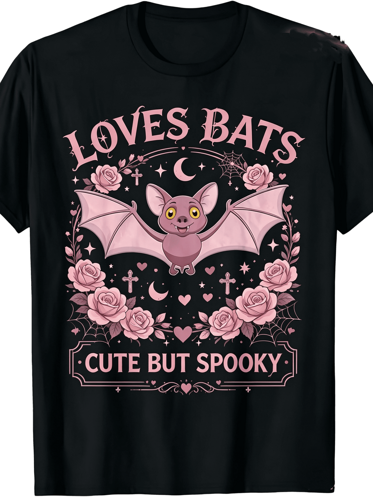 Loves Bats Cute But Spooky Pink Bat Rose Moon Cross Spiderweb Floral Wreath Graphic Women T-Shirt