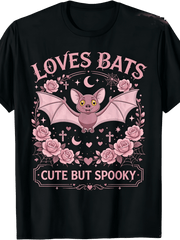 Loves Bats Cute But Spooky Pink Bat Rose Moon Cross Spiderweb Floral Wreath Graphic Women T-Shirt