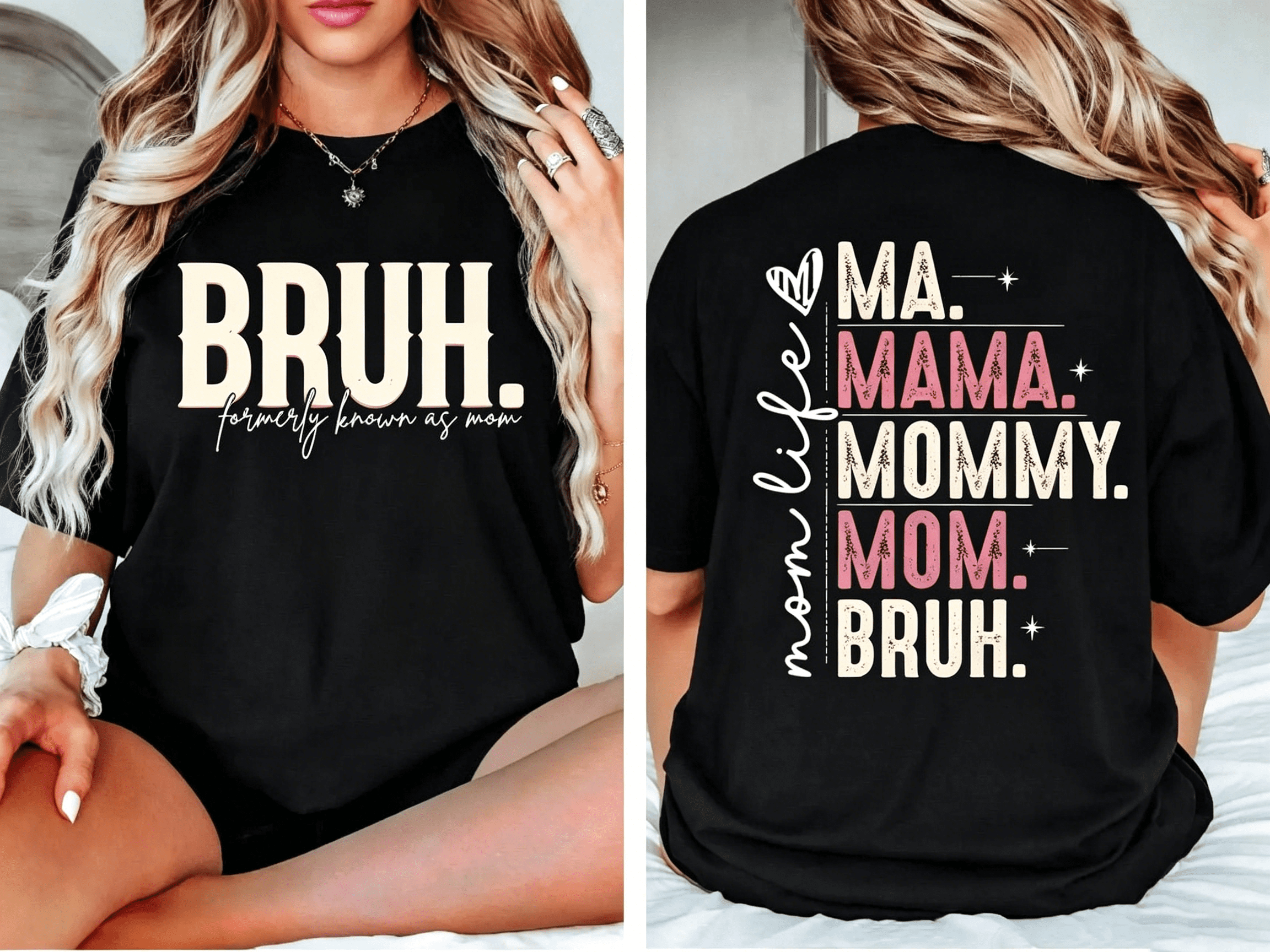 “Mama Mommy Mom Bruh” Double Sided T-Shirt – Funny Mom Life Graphic Tee for Women, Casual Summer Top
