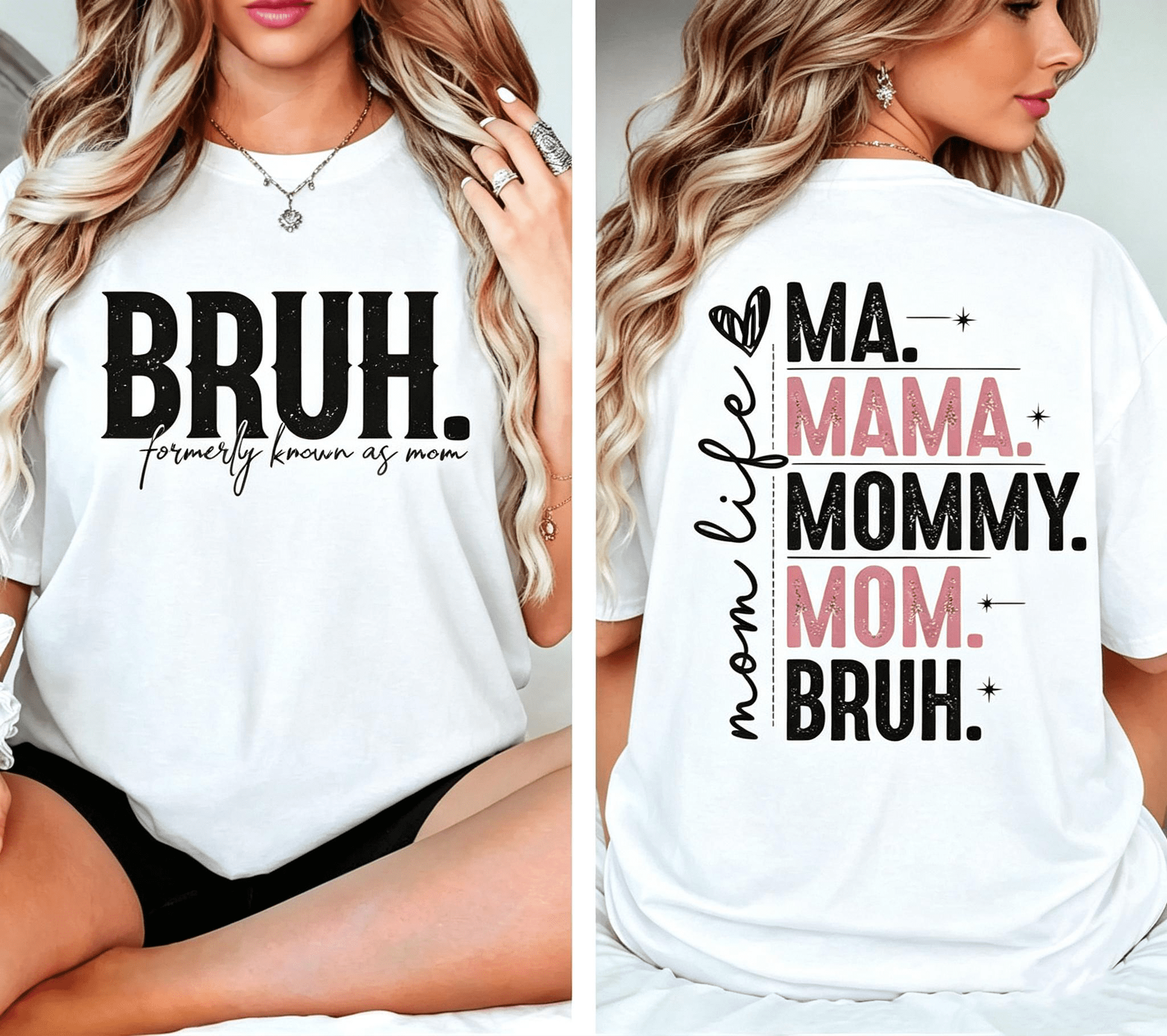 “Mama Mommy Mom Bruh” Double Sided T-Shirt – Funny Mom Life Graphic Tee for Women, Casual Summer Top