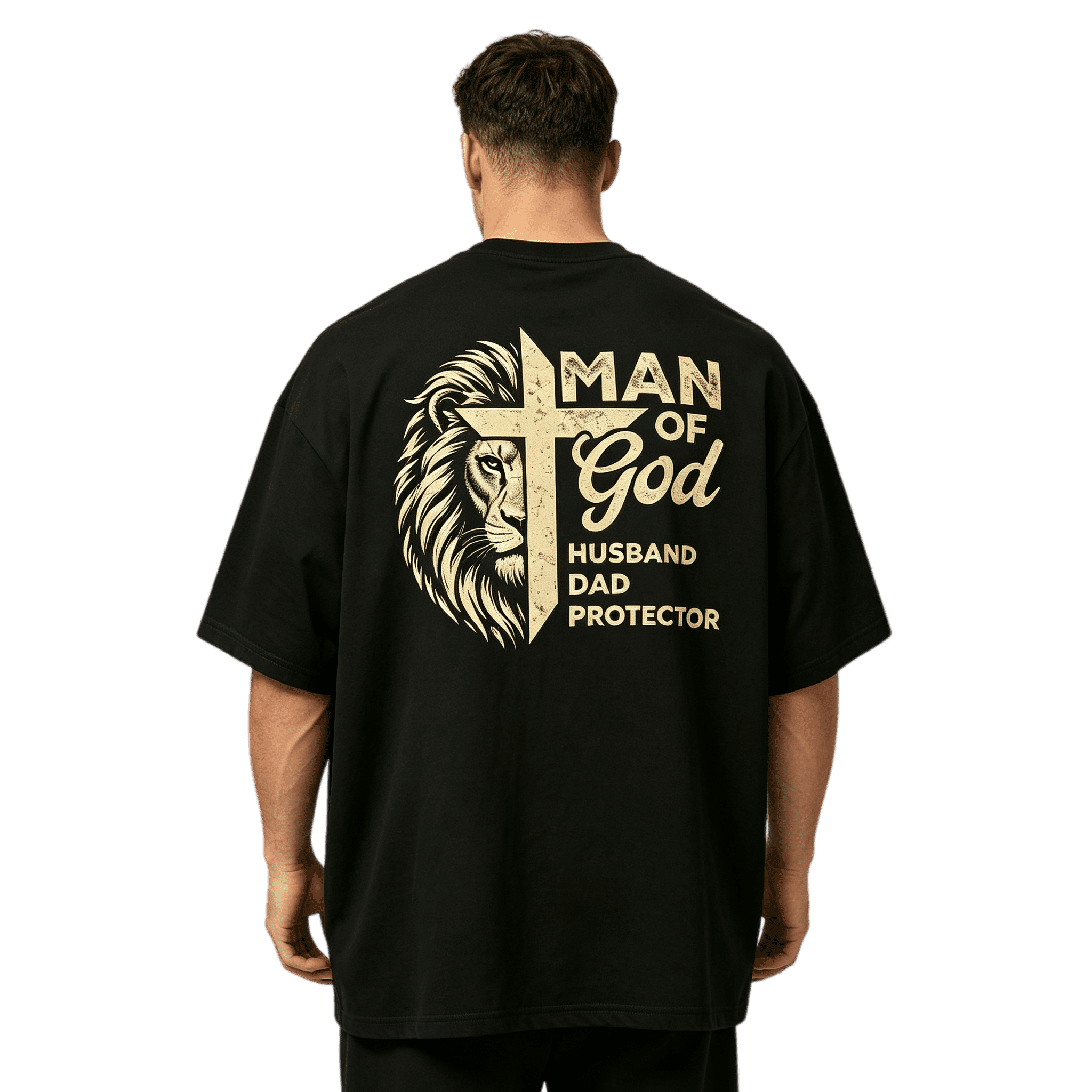 Man Of God Lion Cross Husband Dad Protector Christian Vintage Graphic Men T-Shirt