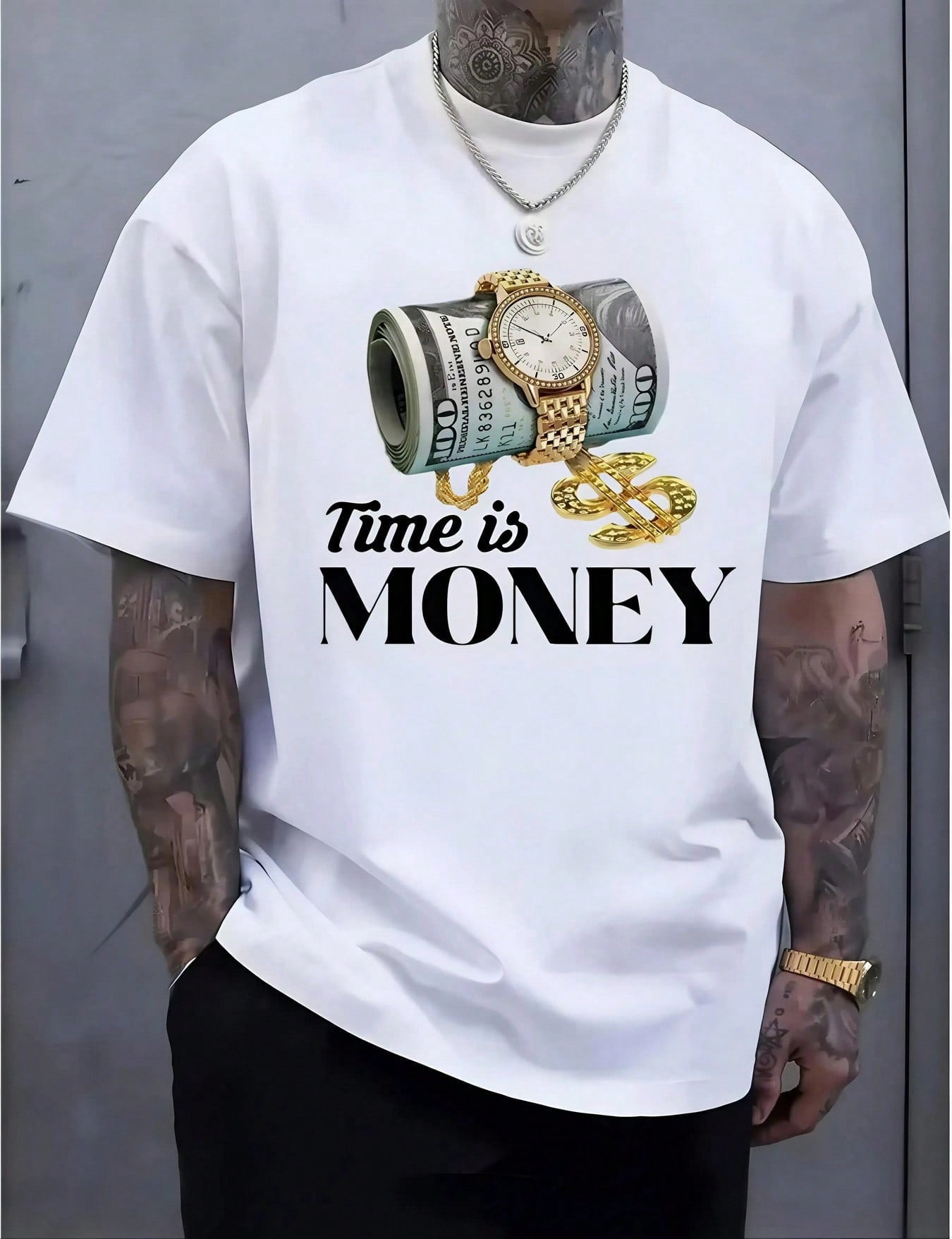 Man S' Money Roll Watch Print White TShirt Crew Neck Casual Cotton Tee Medium Stretch Knit Fabric Regular Fit