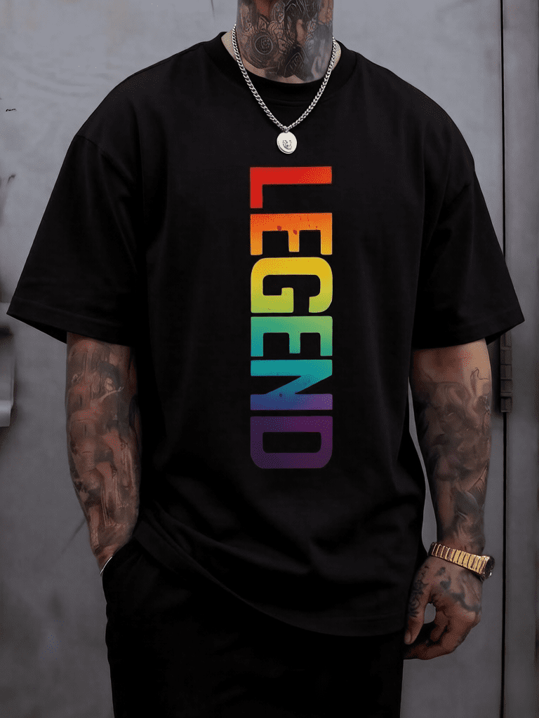 Man' Vertical Letter Graphic Print White T-Shirt Crew Neck Casual Cotton Tee