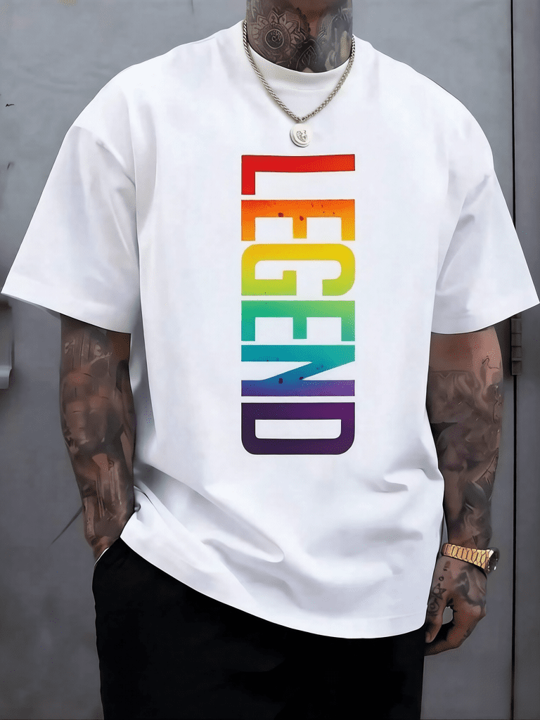 Man' Vertical Letter Graphic Print White T-Shirt Crew Neck Casual Cotton Tee