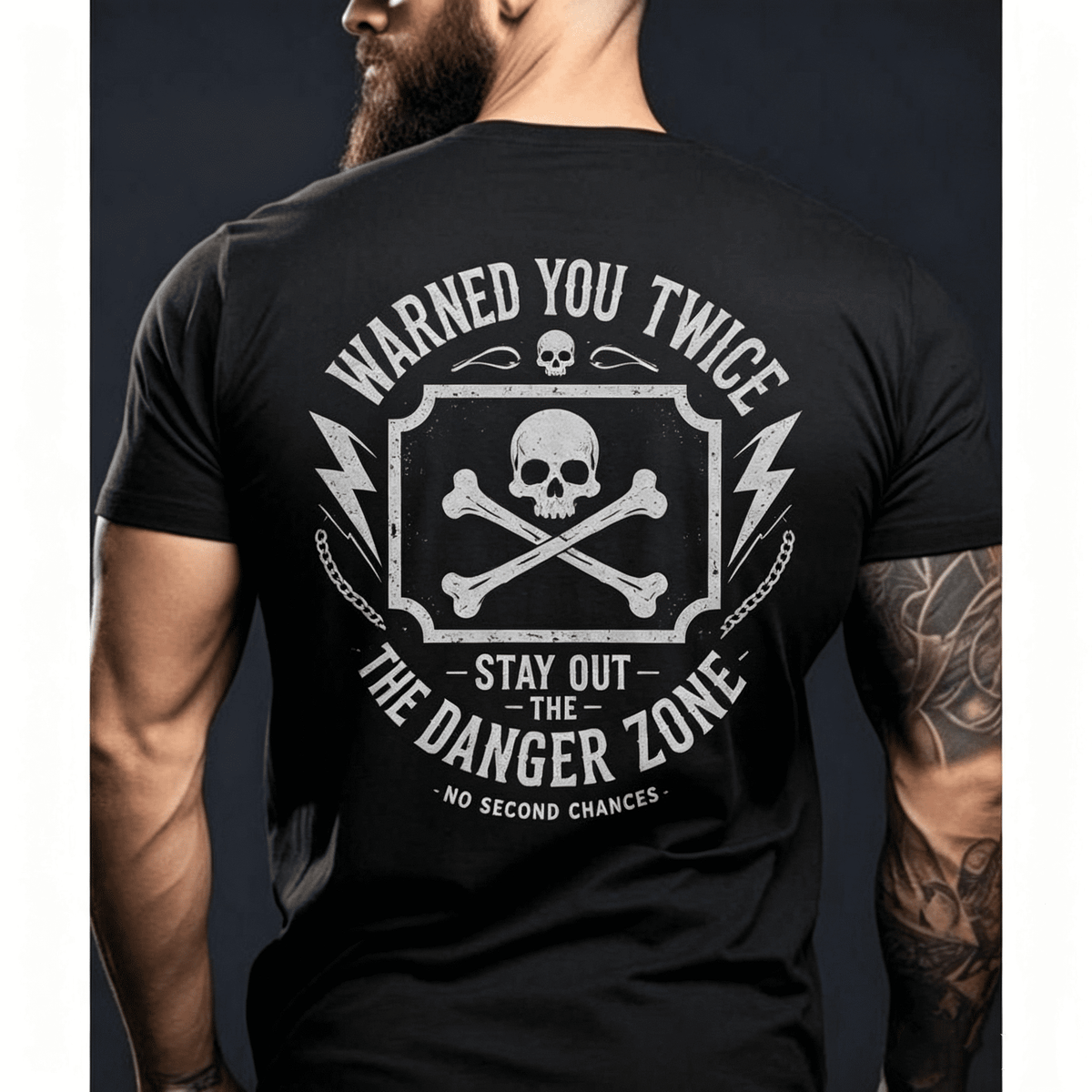 Men Black Cotton Tee, Warned You Twice Skull Crossbones Danger Zone Back Print Vintage Street Casual Top