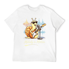 Men Black Crew Neck Graphic T-Shirt, Cool Rock Snail With Guitar Microphone Sound Wave Print, "Melody in Motion" Slogan Medium Stretch Casual Tee For Music & Snail Lovers