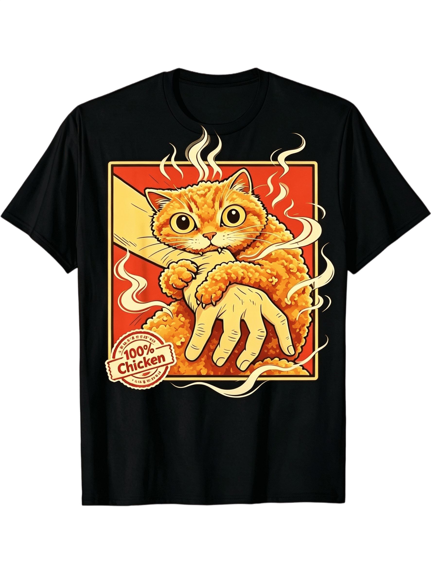 Men Black Crew Neck Graphic T-Shirt, Funny Fried Chicken Cat Print With "100% Chicken" Stamp Hot Steam Design, Vintage Casual Short Sleeve Tee For Cat & Food Lovers