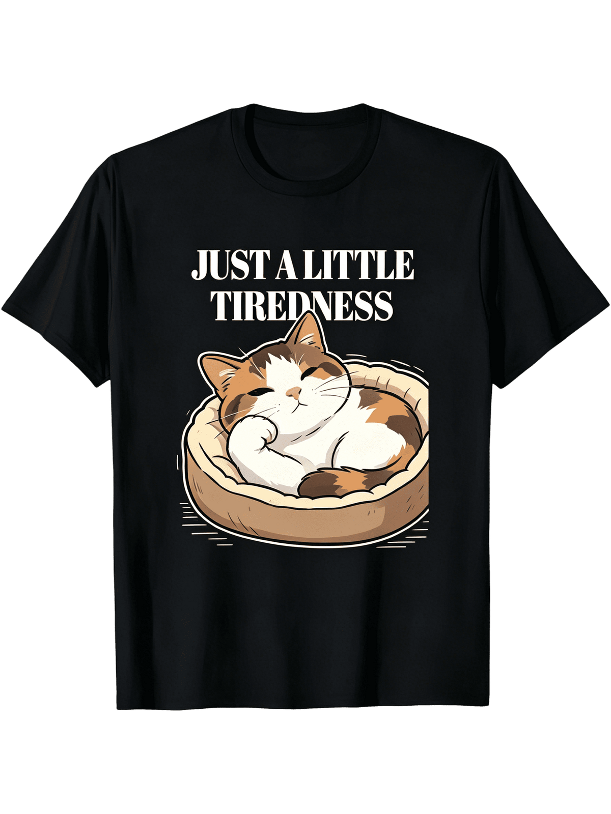 Men Black Crew Neck cotton T-Shirt, Funny Sleepy Tired Cat Graphic Tee With "Just A Little Tiredness" Text, Machine Washable Summer Daily Outdoor Casual Top