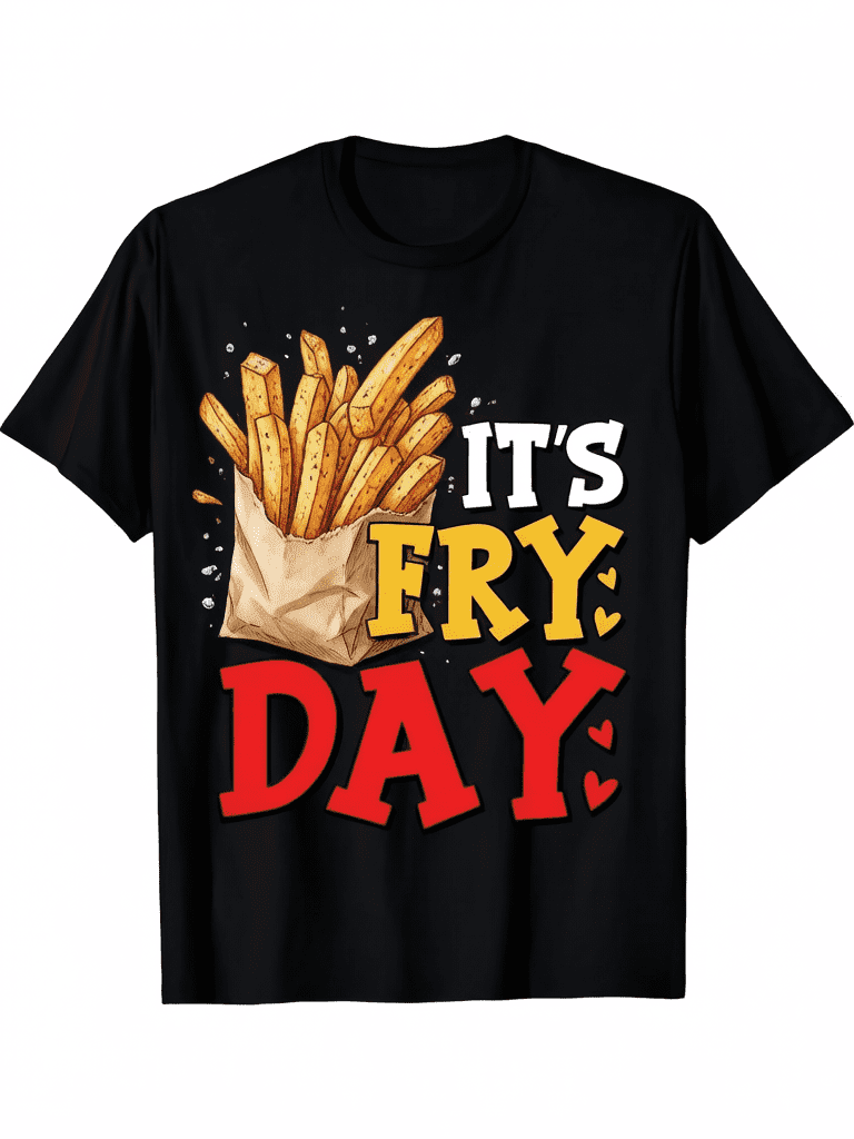 Men Retro Funny French Fries Graphic T-Shirt, Happy Fry Day Heart Fries Print Black Crew Neck Loose Fit Casual Tee, Friday Outfit Humor Top