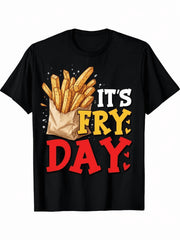 Men Retro Funny French Fries Graphic T-Shirt, Happy Fry Day Heart Fries Print Black Crew Neck Loose Fit Casual Tee, Friday Outfit Humor Top