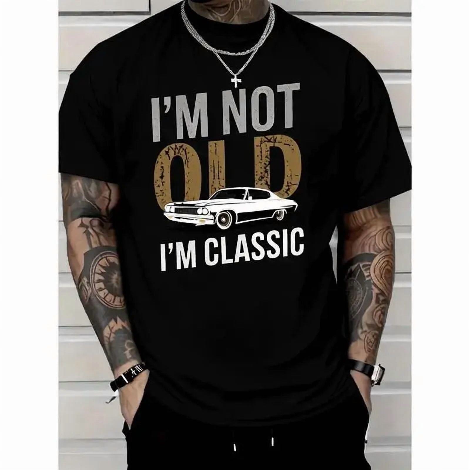 Men'S "I'M Not Old, I Am Classic" Pattern T-Shirt-Soft Cotton, Casual Crew Neck, Short Sleeve, Car Print-Suitable For Casual Wear