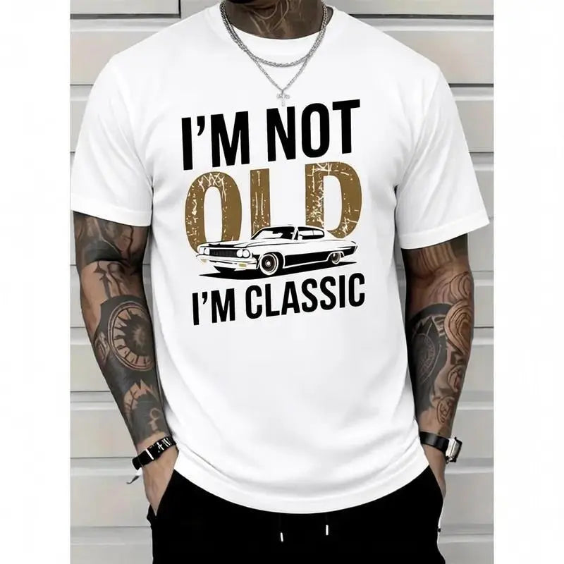 Men'S "I'M Not Old, I Am Classic" Pattern T-Shirt-Soft Cotton, Casual Crew Neck, Short Sleeve, Car Print-Suitable For Casual Wear