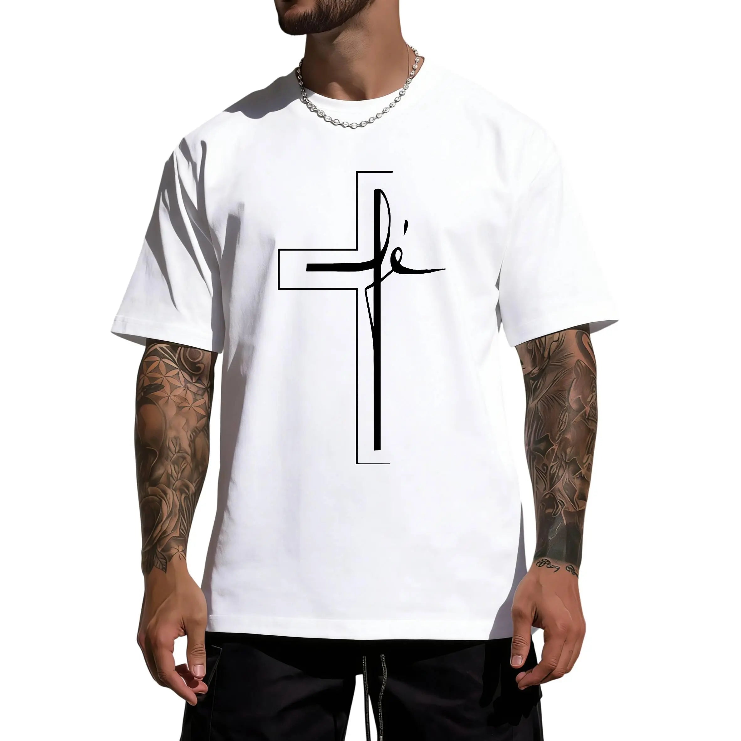Men'S Summer Casual Sports T-Shirt with Religious Cross Print,  Crew Neck, Short Sleeve, Geometric Pattern