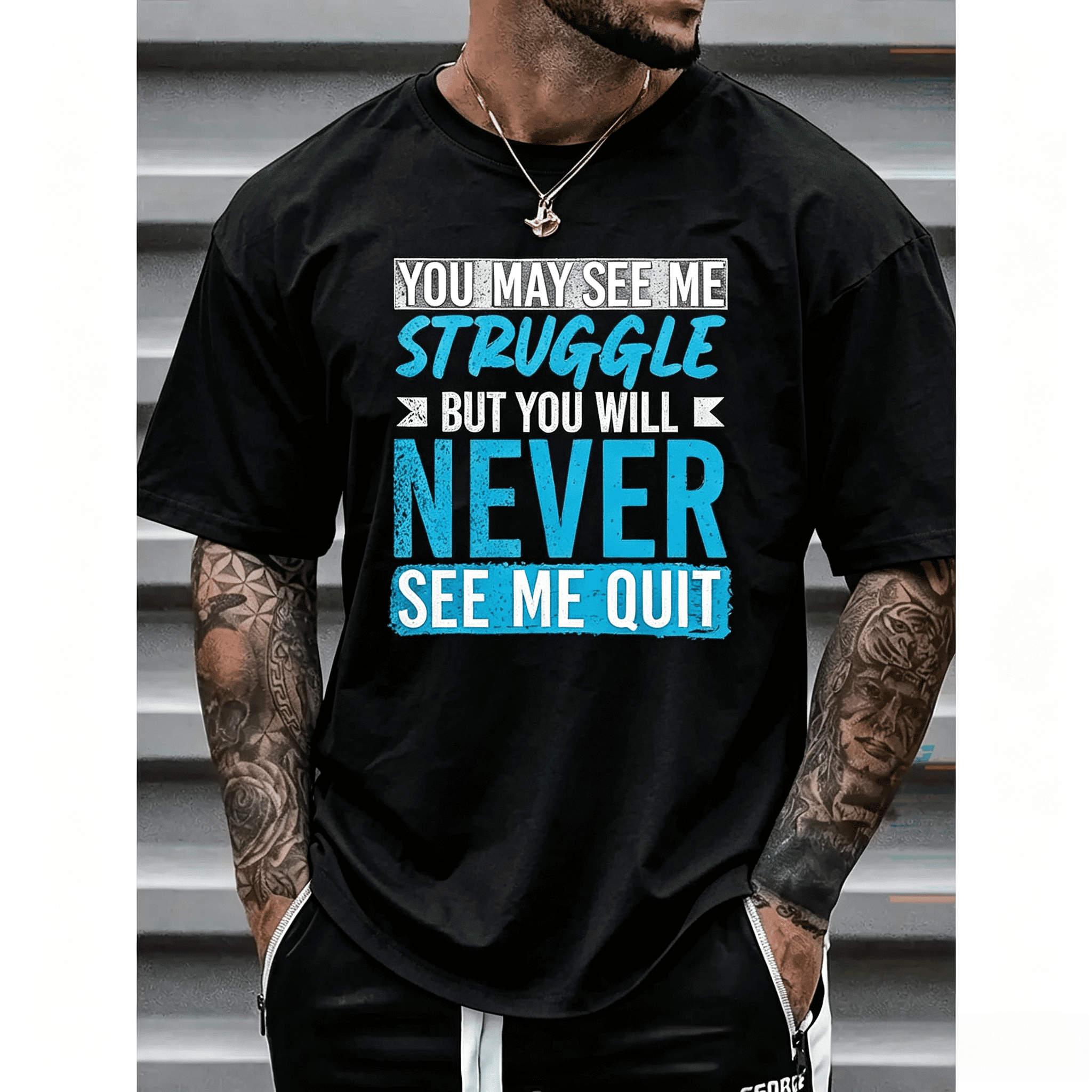 Men'S T-Shirts with 'Never Give Up' Slogan, Spacious, Cozy, Made from with a Round Neckline