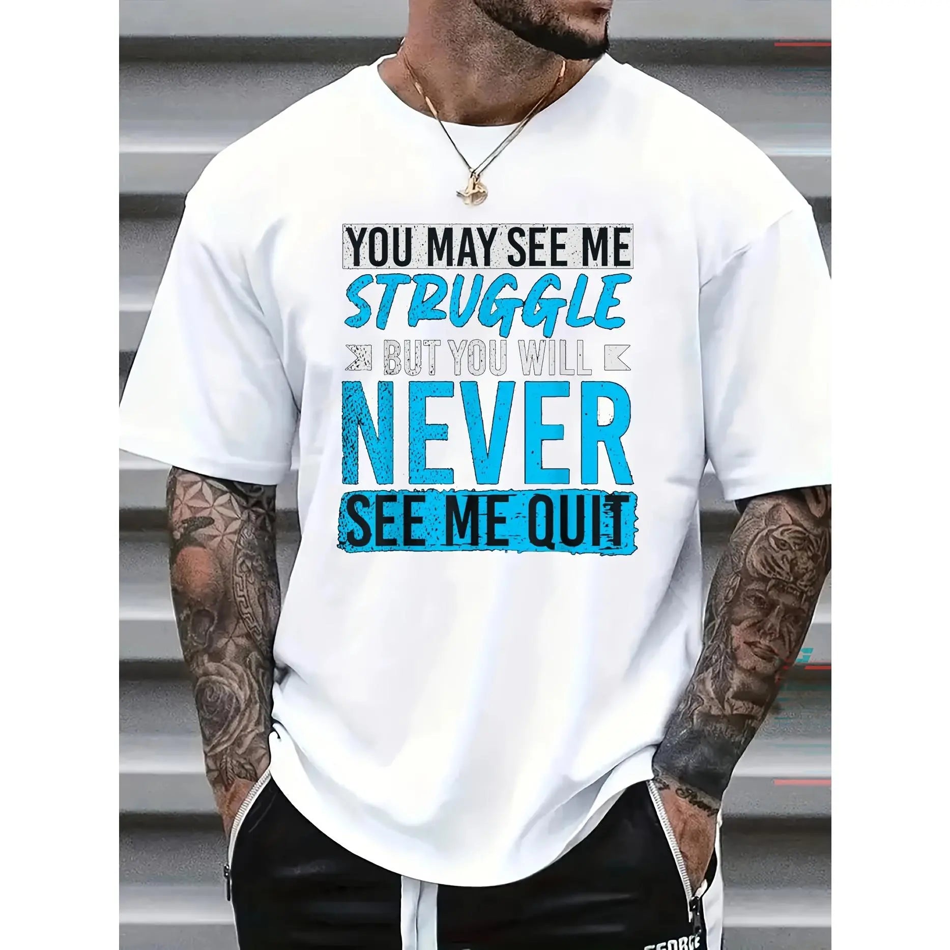 Men'S T-Shirts with 'Never Give Up' Slogan, Spacious, Cozy, Made from with a Round Neckline